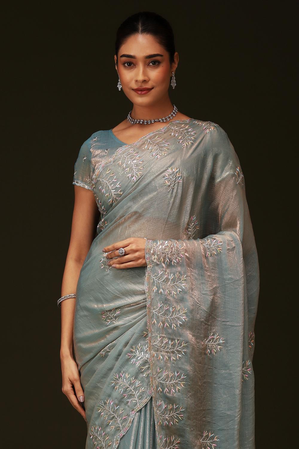 Rina Pastel Blue Chiffon Embellished Border Ready to Wear Saree