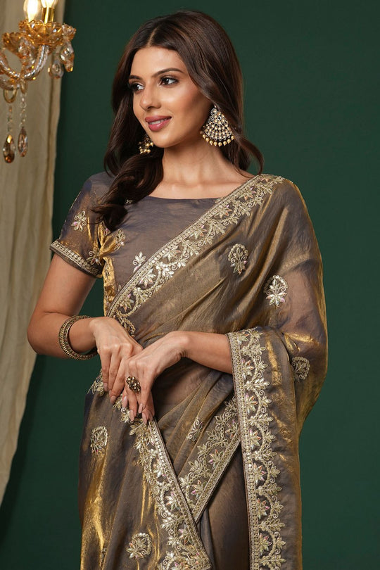 Riyana Bronze  Satin Silk Saree With Embroidered Border Ready To Wear One Minute Saree