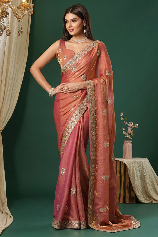 Riyana Peach Satin Silk Saree With Embroidered Border Ready To Wear One Minute Saree