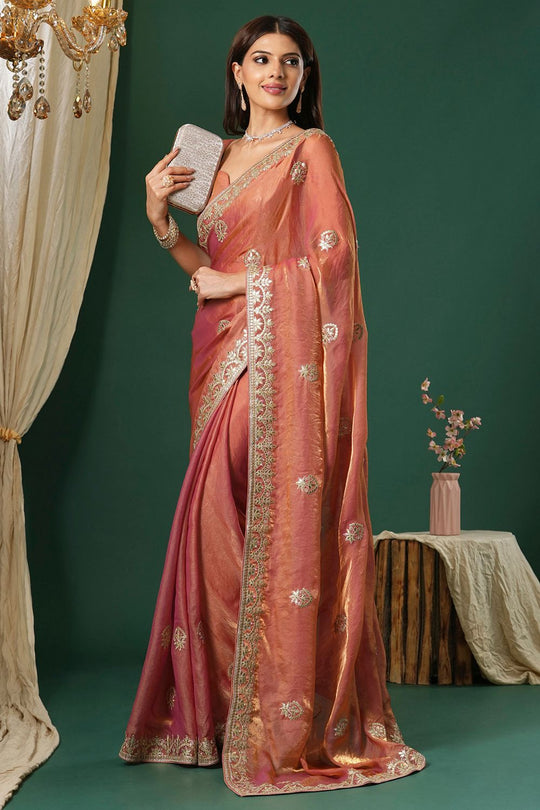 Riyana Peach Satin Silk Saree With Embroidered Border Ready To Wear One Minute Saree
