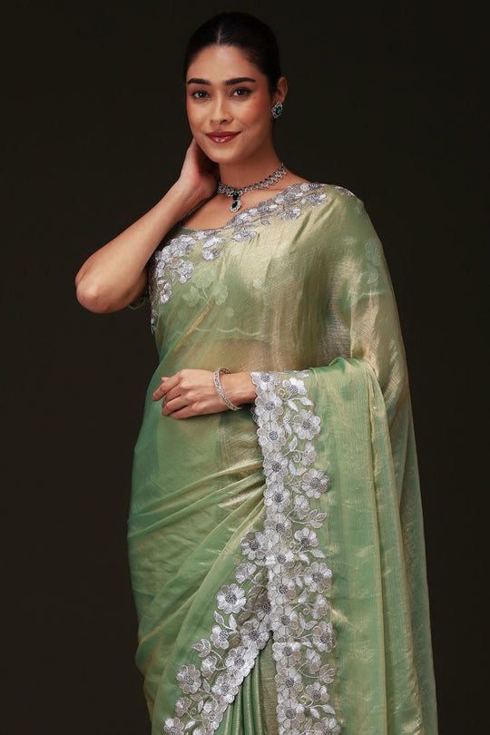 Piya Light Green Chiffon Saree with Embellished Border Ready To Wear One Minute Saree