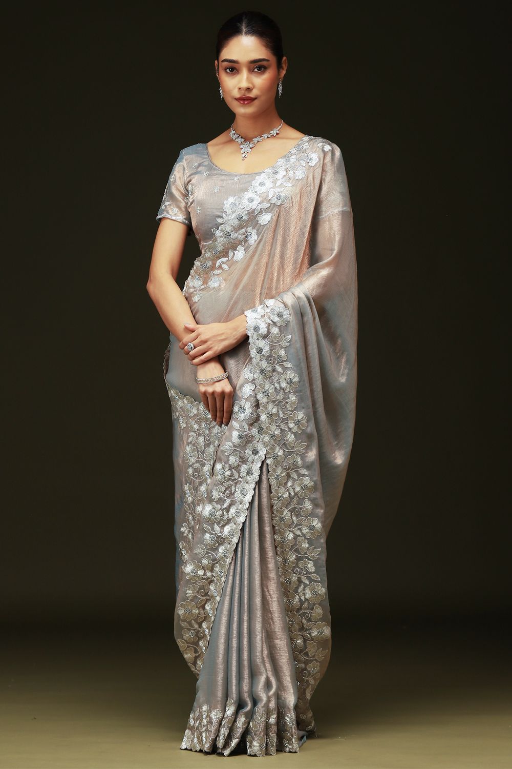 Piya Silver Chiffon Saree with Embellished Border Ready To Wear One Minute Saree