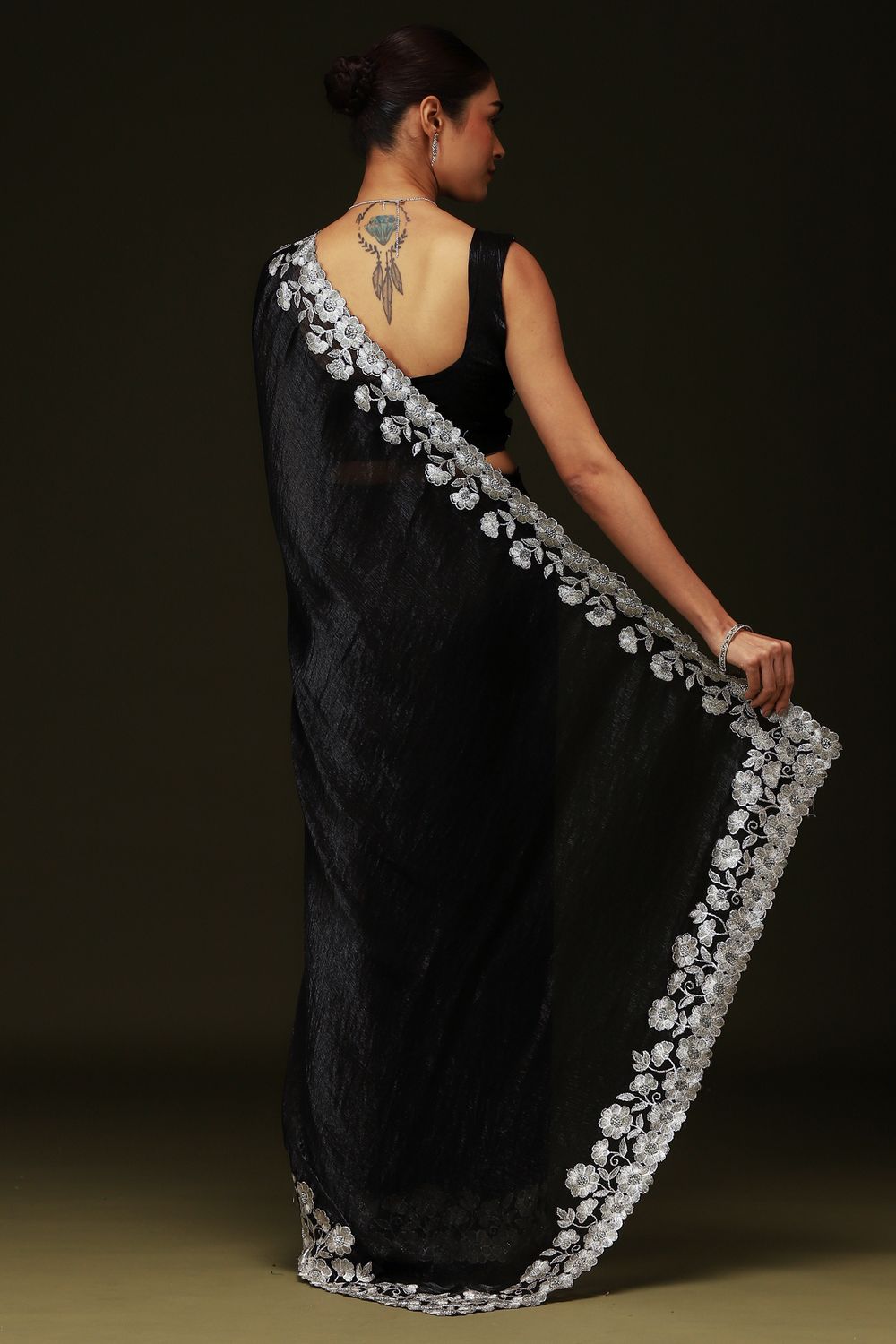Piya Black Chiffon Saree with Embellished Border Ready To Wear One Minute Saree