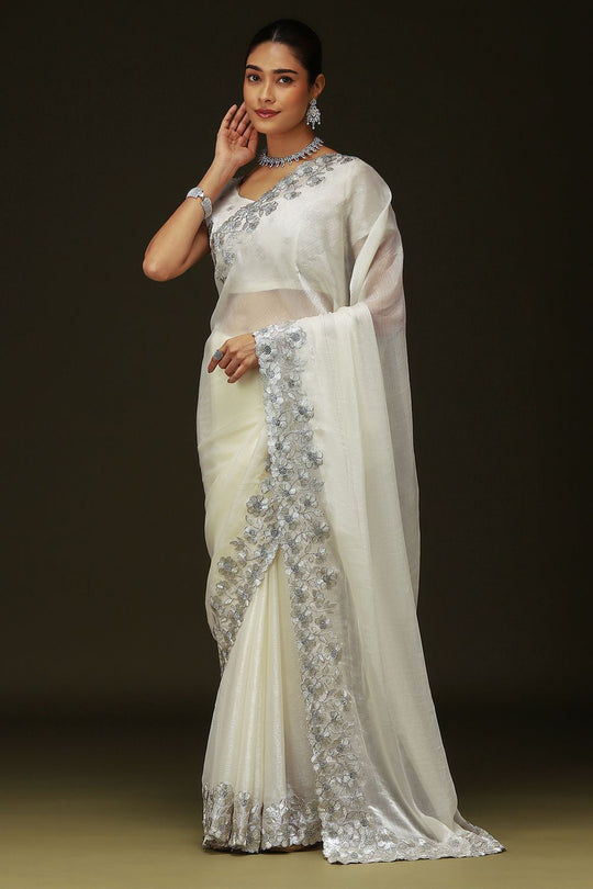 Piya Off White Chiffon Saree with Embellished Border Ready To Wear One Minute Saree