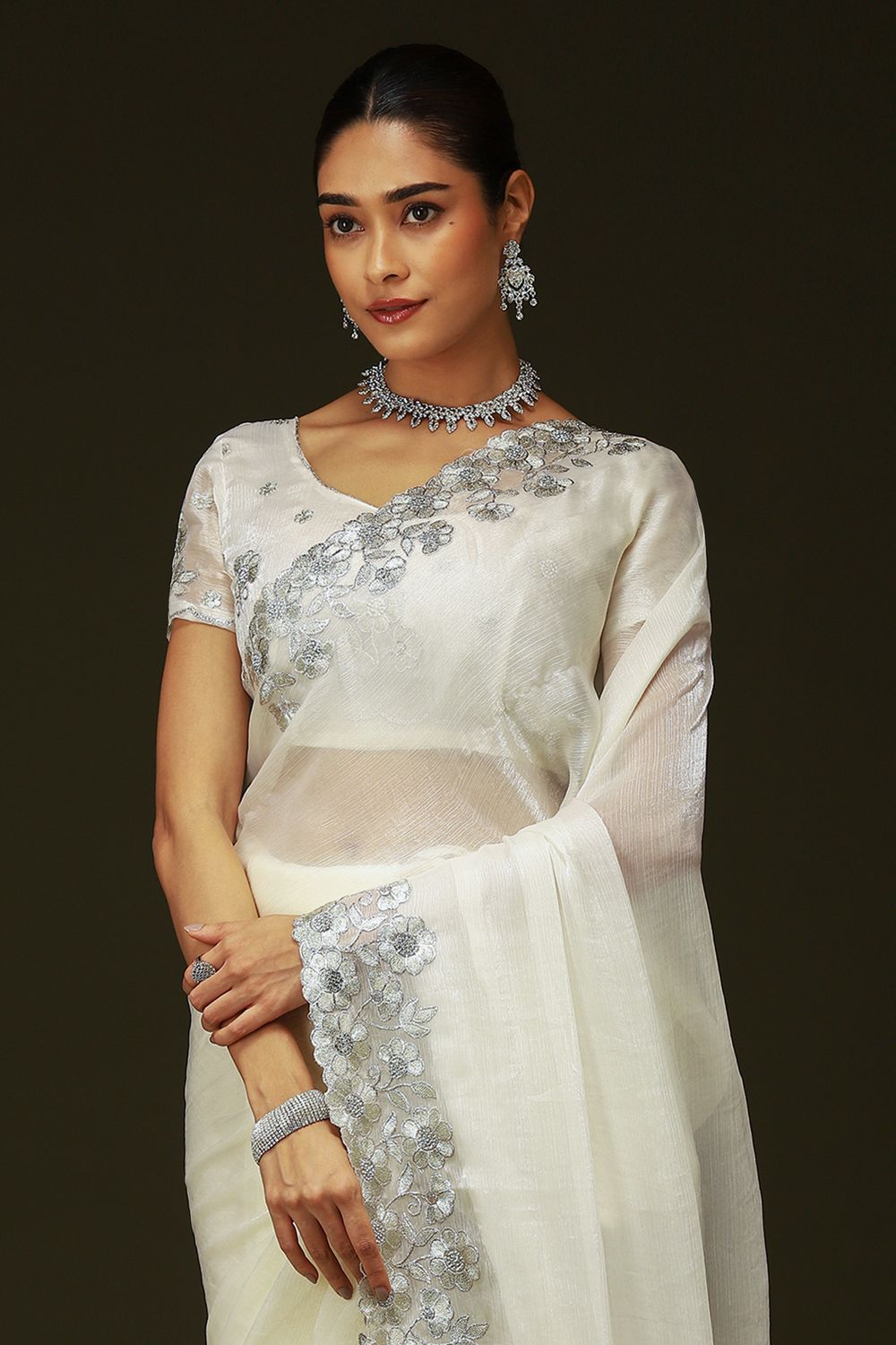 Piya Off White Chiffon Saree with Embellished Border Ready To Wear One Minute Saree