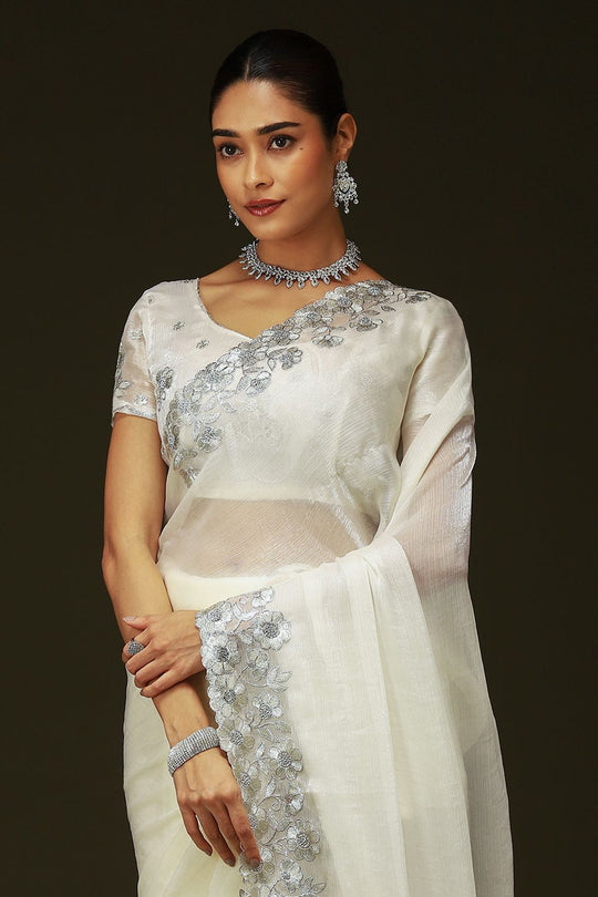 Piya Off White Chiffon Saree with Embellished Border Ready To Wear One Minute Saree