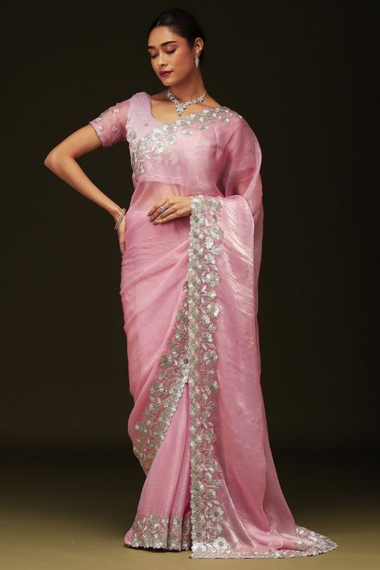 Piya Pink Chiffon Saree with Embellished Border Ready To Wear One Minute Saree
