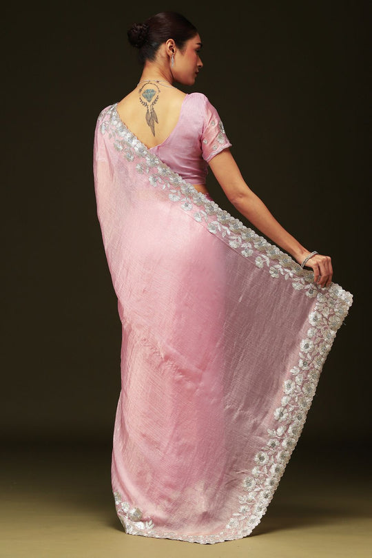 Piya Pink Chiffon Saree with Embellished Border Ready To Wear One Minute Saree