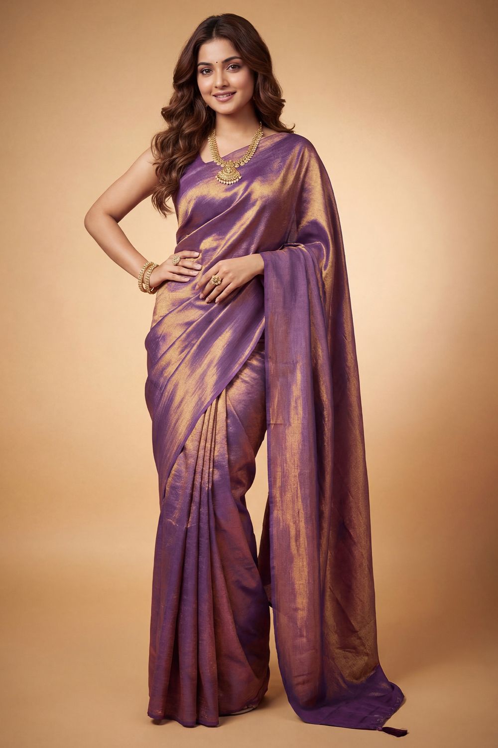 Nala Purple &amp; Gold Two-Tone Vichitra Silk Solid  Ready To Wear Saree