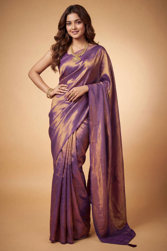 Nala Purple &amp; Gold Two-Tone Vichitra Silk Solid  Ready To Wear Saree