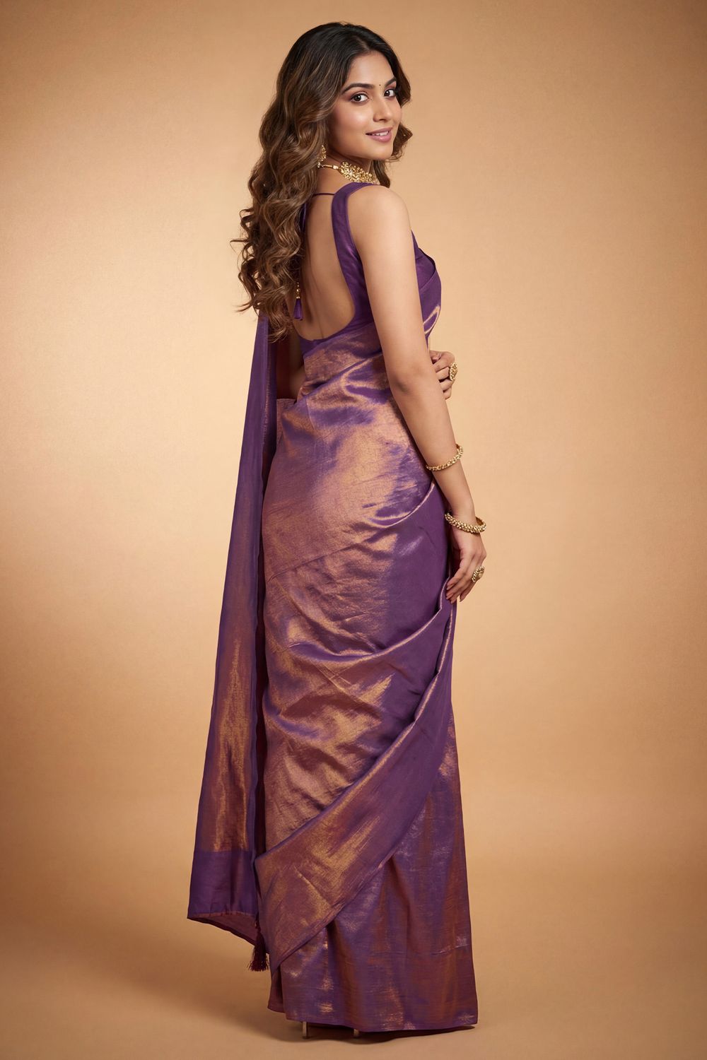 Nala Purple &amp; Gold Two-Tone Vichitra Silk Solid  Ready To Wear Saree