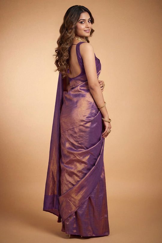 Nala Purple &amp; Gold Two-Tone Vichitra Silk Solid  Ready To Wear Saree