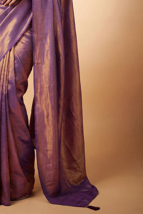 Nala Purple &amp; Gold Two-Tone Vichitra Silk Solid  Ready To Wear Saree