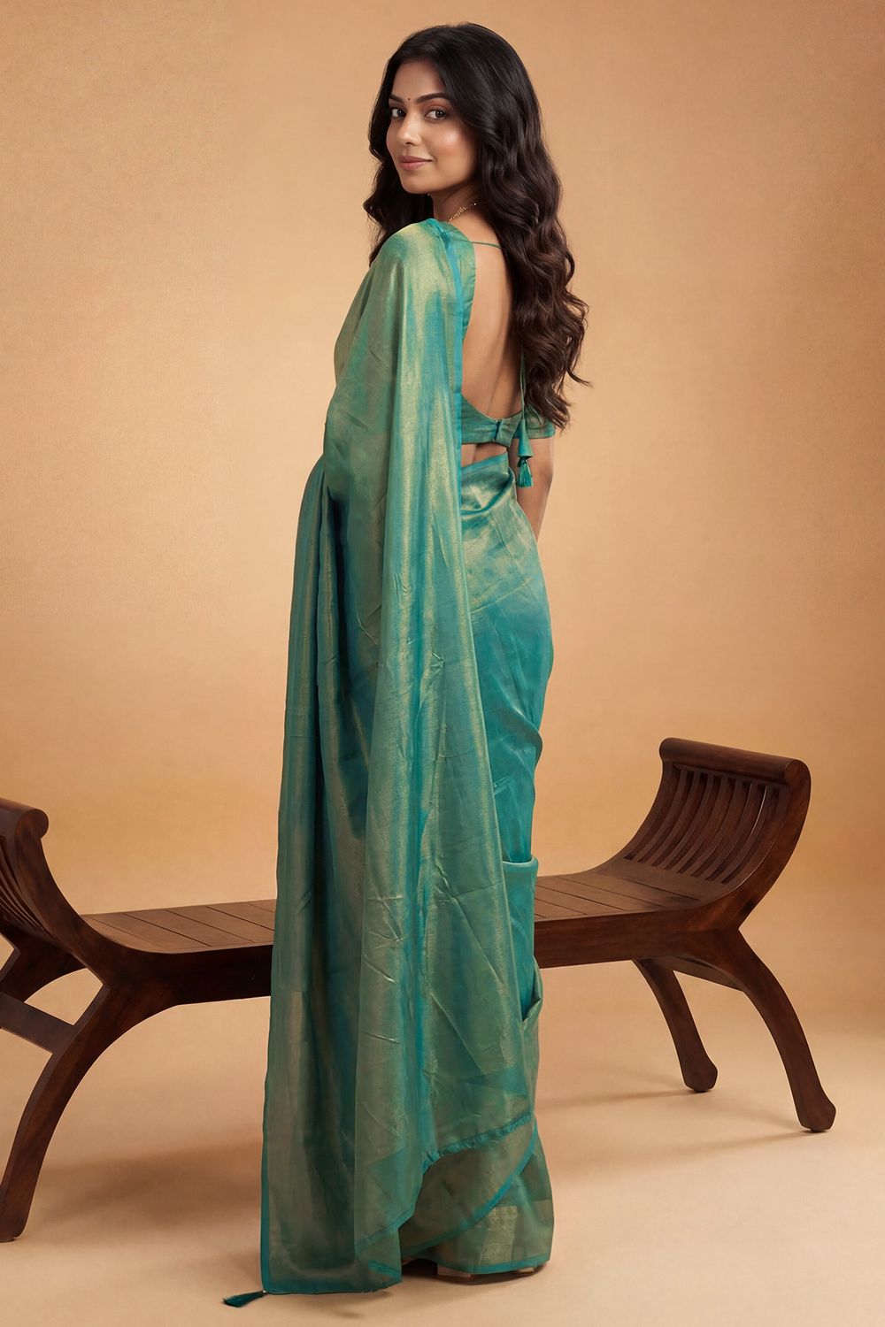 Nala Teal Green & Gold Two-Tone Vichitra Silk Solid Ready To Wear Saree