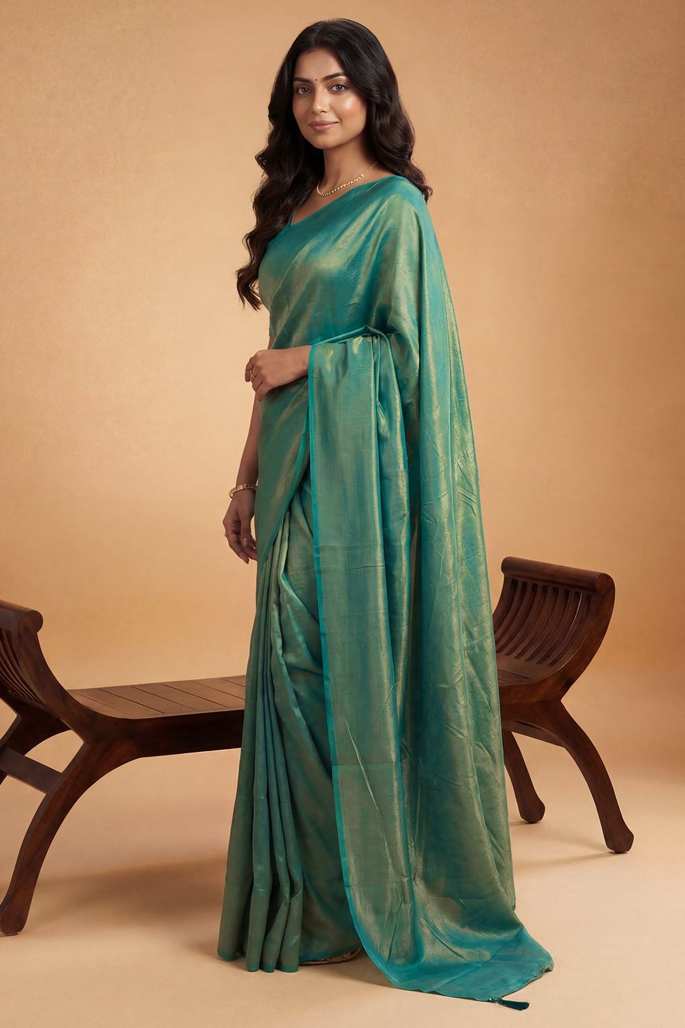 Nala Teal Green &amp; Gold Two-Tone Vichitra Silk Solid Ready To Wear Saree