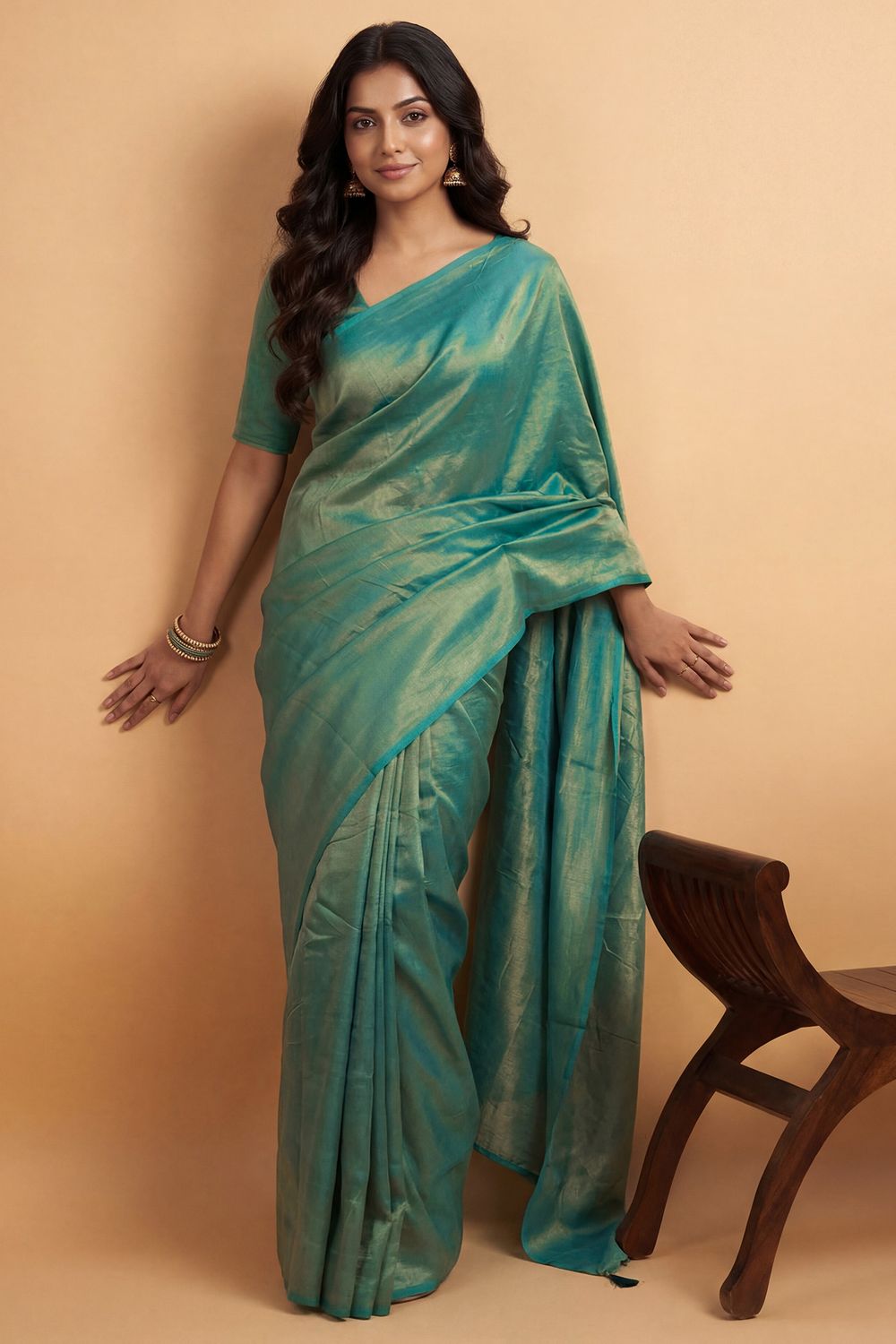 Nala Teal Green &amp; Gold Two-Tone Vichitra Silk Solid Ready To Wear Saree