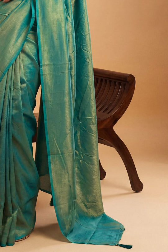 Nala Teal Green &amp; Gold Two-Tone Vichitra Silk Solid Ready To Wear Saree