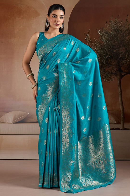 Karly Teal Blue Handloom Weaving Silk Ready to Wear One Minute Saree