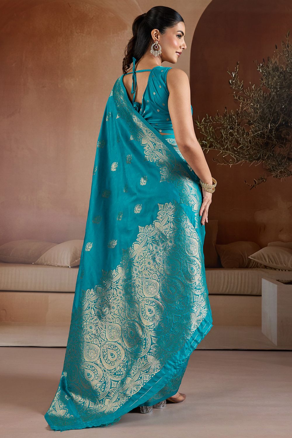 Karly Teal Blue Handloom Weaving Silk Ready to Wear One Minute Saree