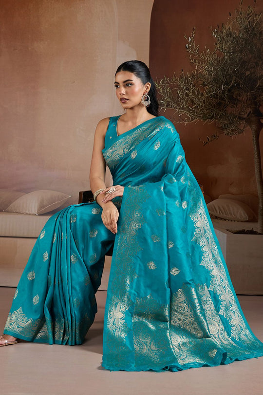Karly Teal Blue Handloom Weaving Silk Ready to Wear One Minute Saree