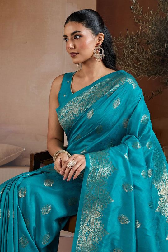 Karly Teal Blue Handloom Weaving Silk Ready to Wear One Minute Saree