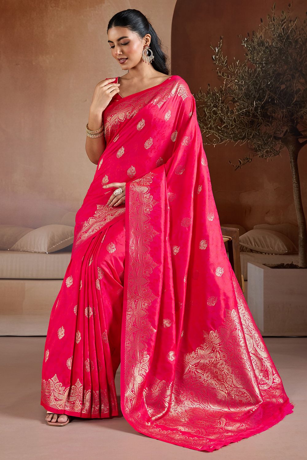Karly Pink Silk Woven Zari Work Ready To Wear One Minute Saree