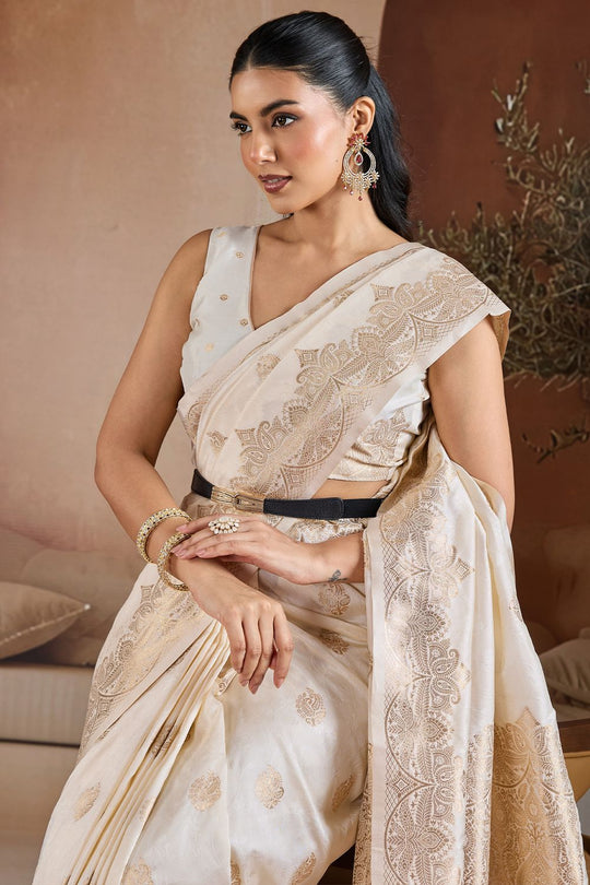 Karly Off-White Handloom Weaving Silk Ready to Wear One Minute Saree