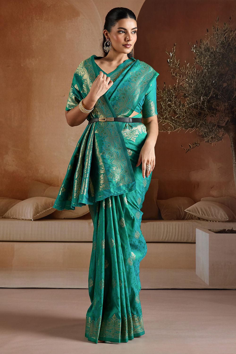 Karly Teal Green Woven Zari Work Ready To Wear One Minute Saree