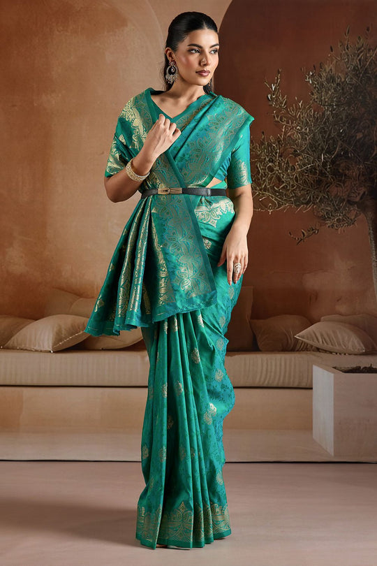 Karly Teal Green Woven Zari Work Ready To Wear One Minute Saree