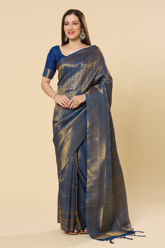 Blessy Blue Silk Blend Paisley Embroidered Kanjivaram One Minute Saree