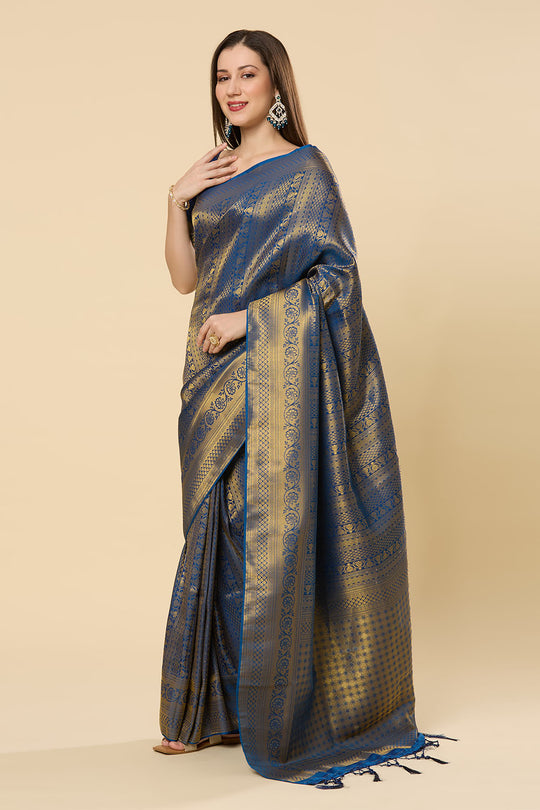 Blessy Blue Silk Blend Paisley Embroidered Kanjivaram One Minute Saree
