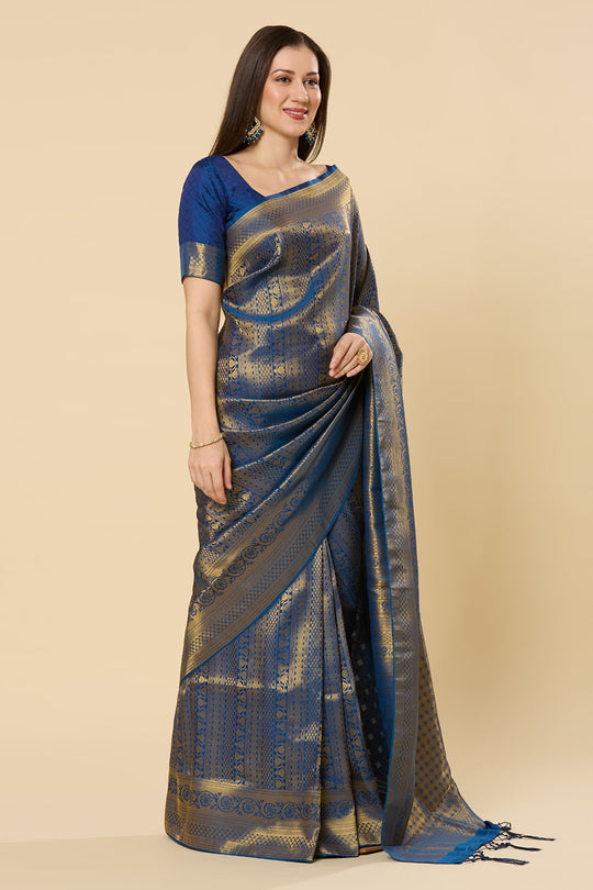 Blessy Blue Silk Blend Paisley Embroidered Kanjivaram One Minute Saree