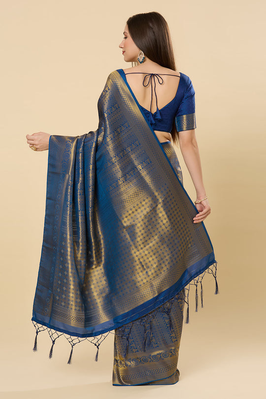 Blessy Blue Silk Blend Paisley Embroidered Kanjivaram One Minute Saree