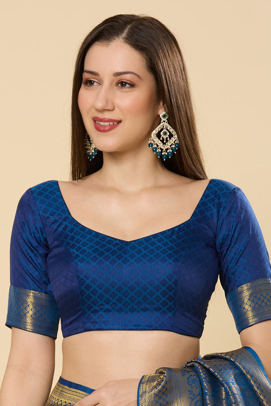 Blessy Blue Silk Blend Paisley Embroidered Kanjivaram One Minute Saree