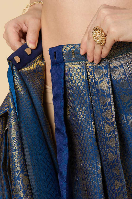 Blessy Blue Silk Blend Paisley Embroidered Kanjivaram One Minute Saree