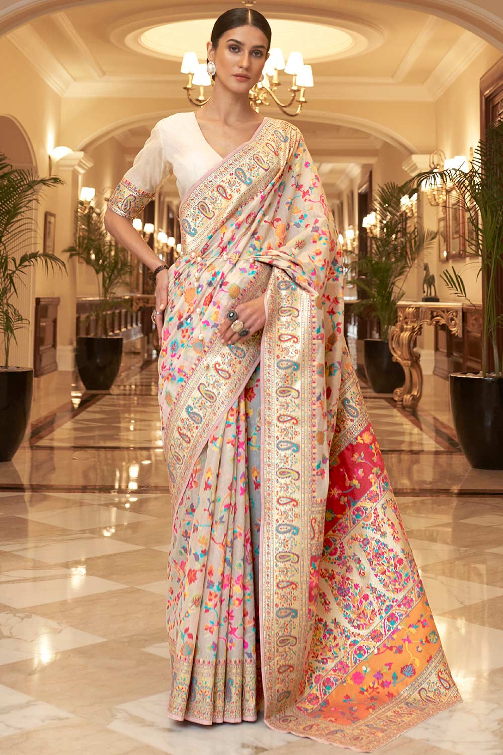 Freya Off-White Silk Blend Floral Woven Design Phulkari One Minute Saree