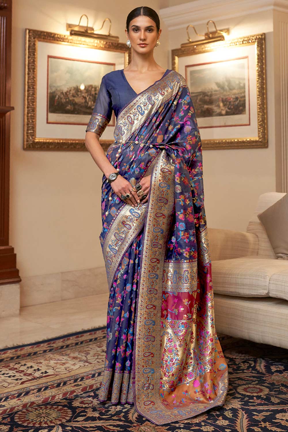 Buy Navy Blue Art Silk Floral Design One Minute Saree Online