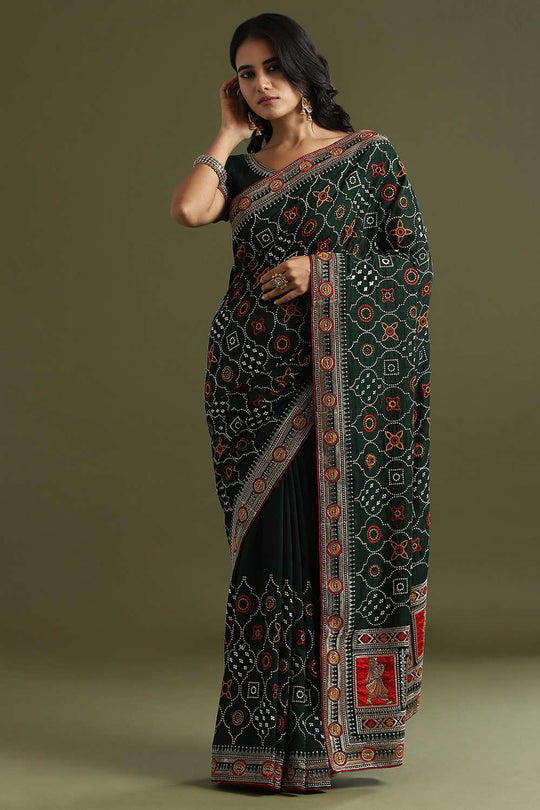 Laxmi Dark Green Vichitra Silk Ethnic Motif Ready To Wear One Minute Saree