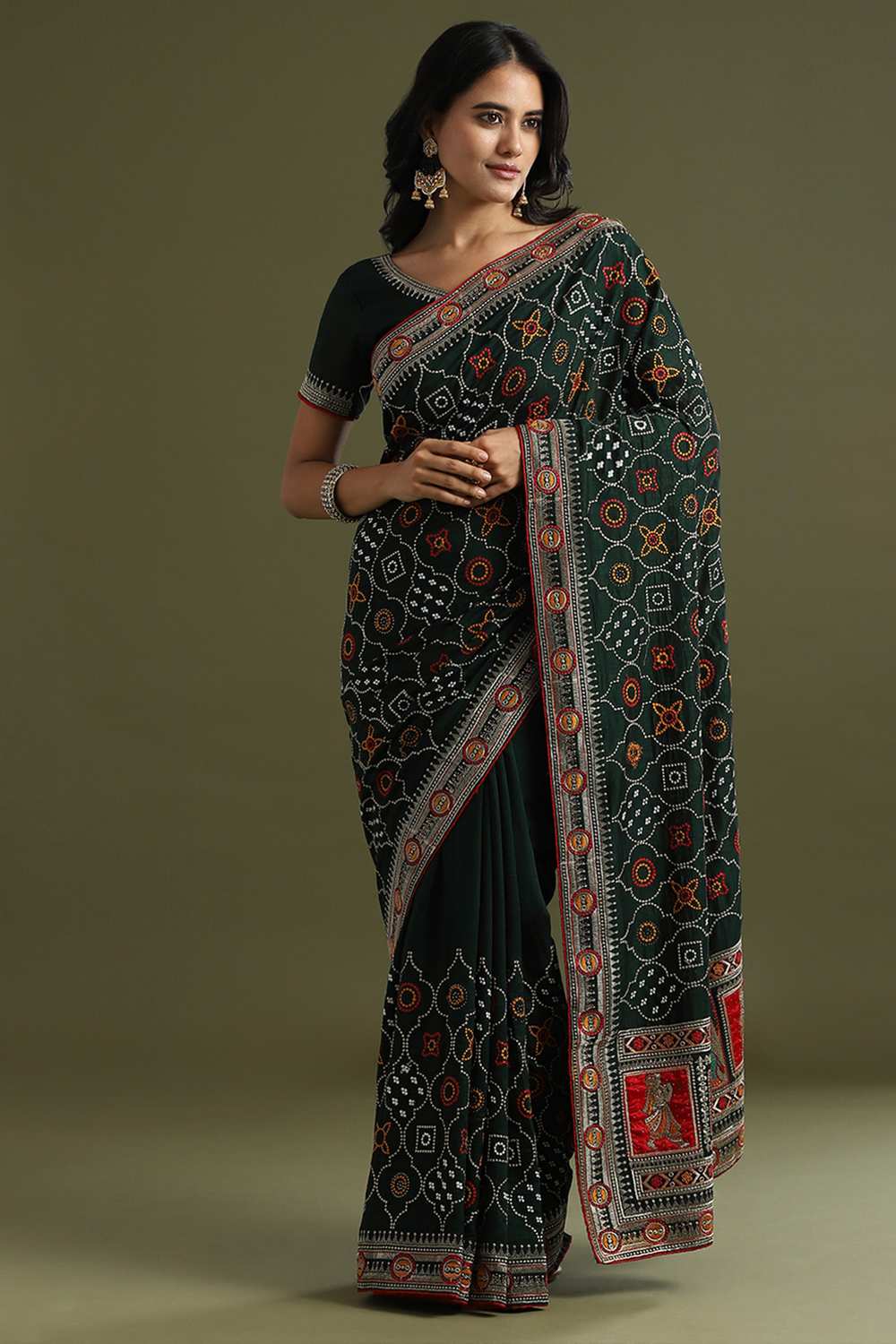 Laxmi Dark Green Vichitra Silk Ethnic Motif Ready To Wear One Minute Saree