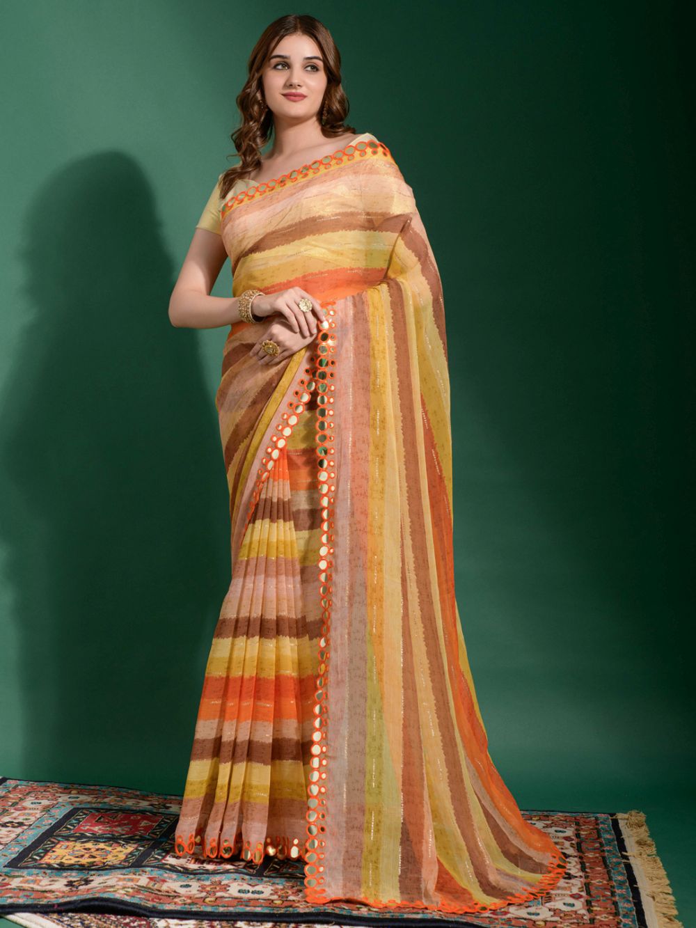 Linda Yellow Multi-color Chiffon Printed One Minute Saree