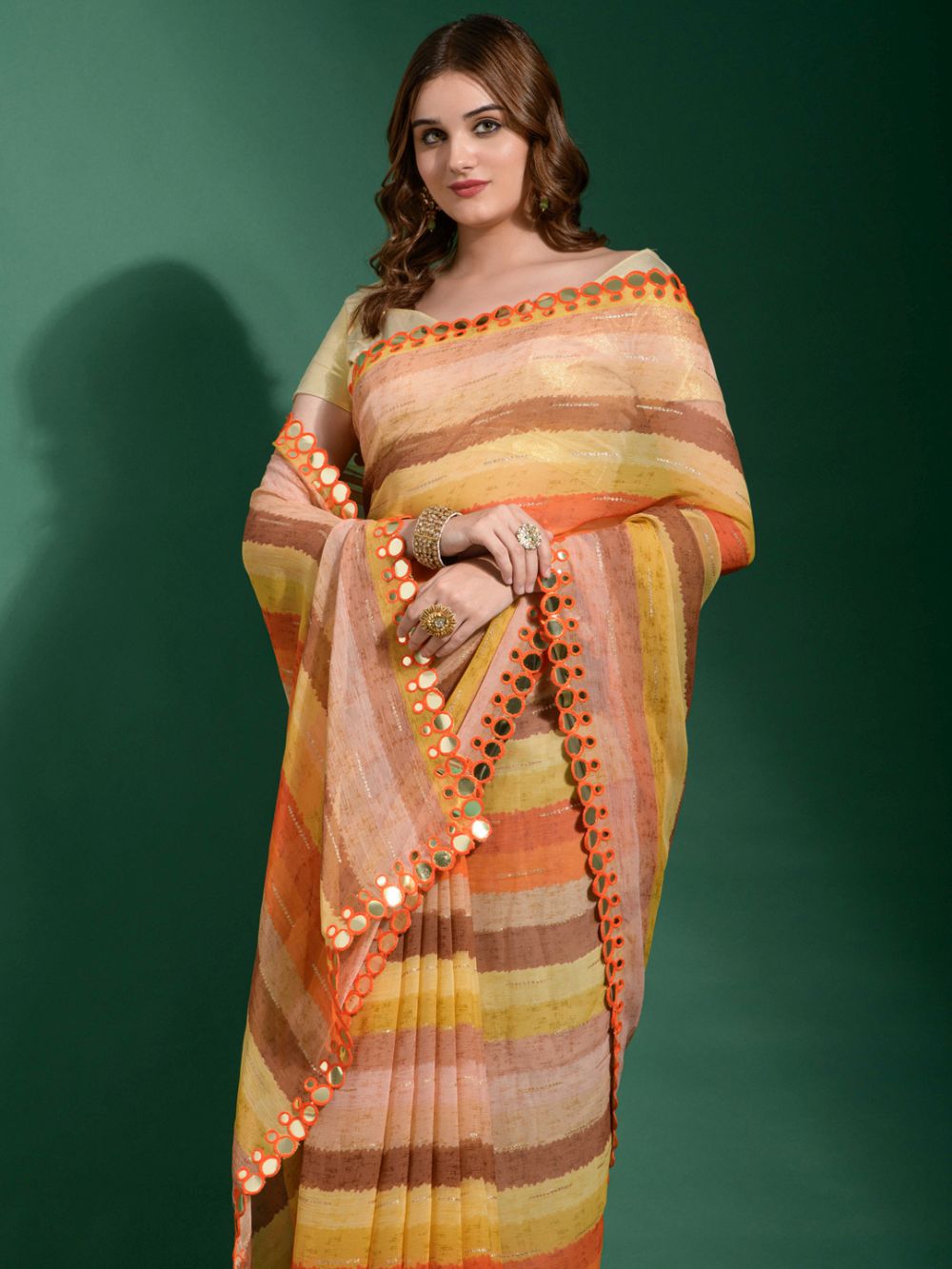 Linda Yellow Multi-color Chiffon Printed One Minute Saree