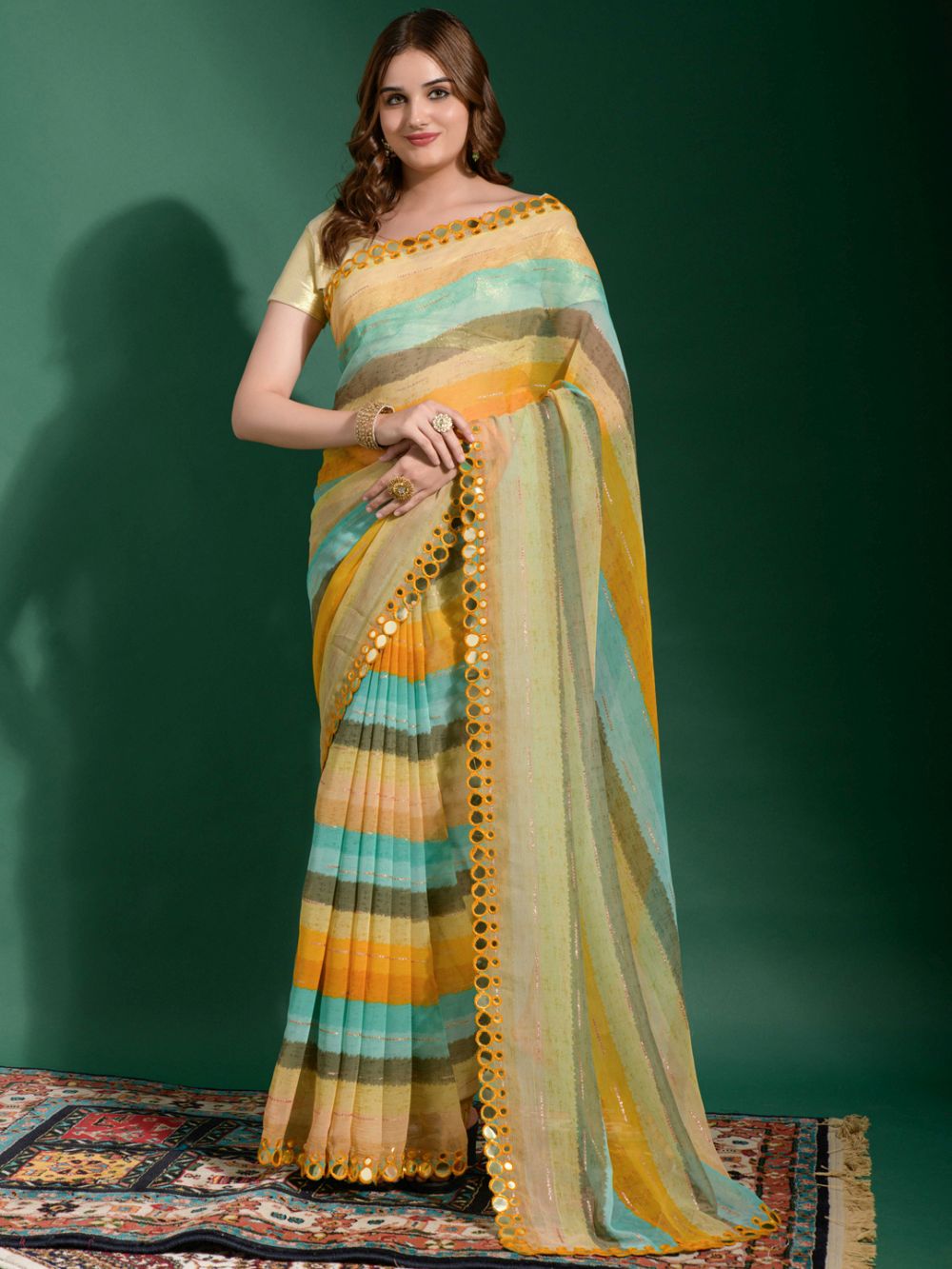 Linda Green Multi-color Chiffon Printed One Minute Saree