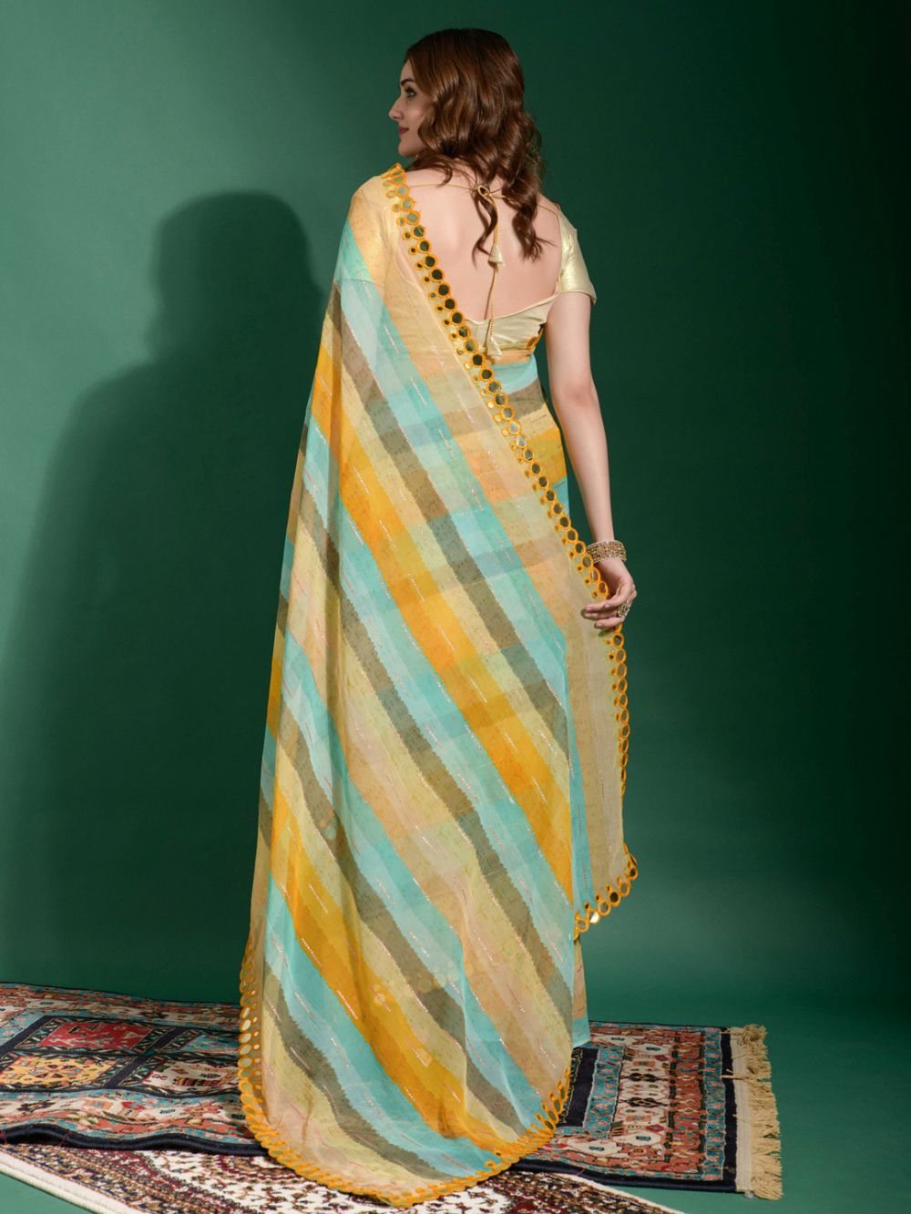 Linda Green Multi-color Chiffon Printed One Minute Saree