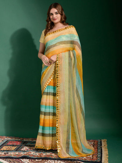 Linda Green Multi-color Chiffon Printed One Minute Saree