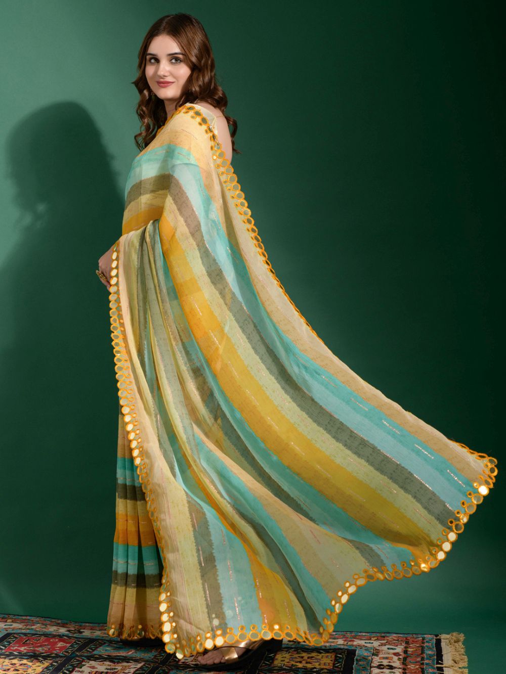 Linda Green Multi-color Chiffon Printed One Minute Saree