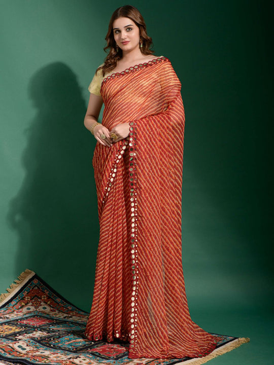Nadia Red Chiffon Leheriya One Minute Saree