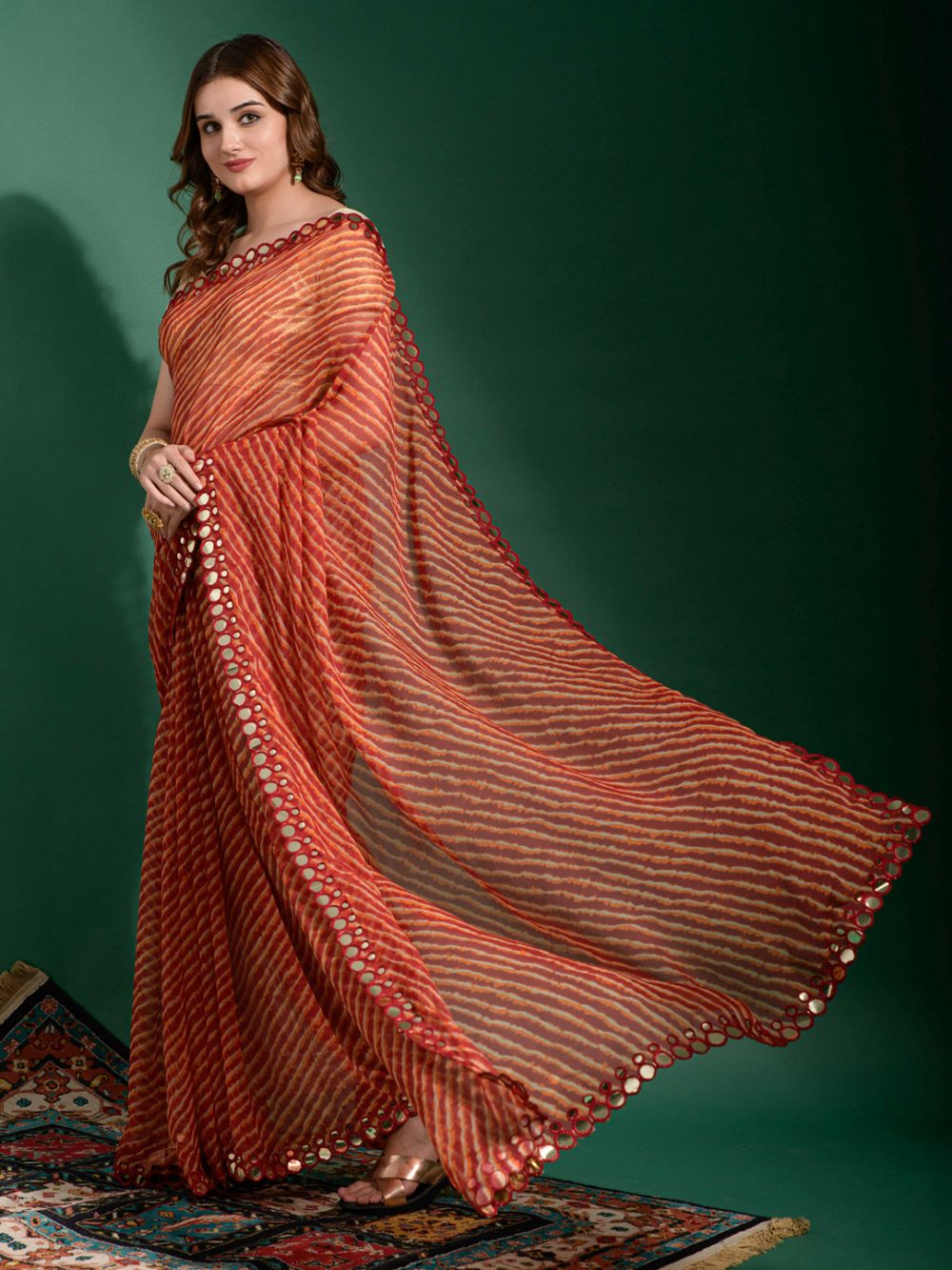 Nadia Red Chiffon Leheriya One Minute Saree