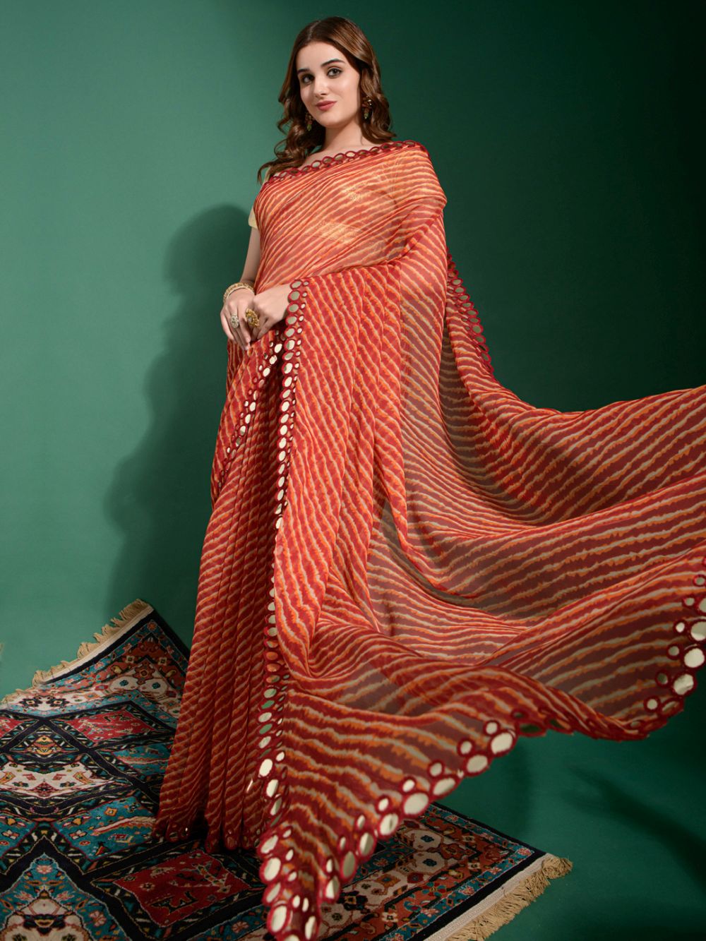 Nadia Red Chiffon Leheriya One Minute Saree