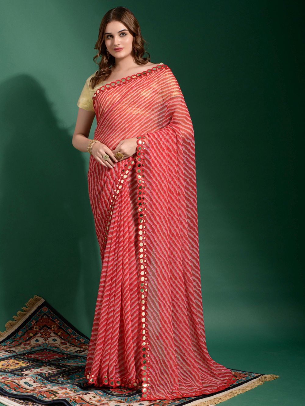 Nadia Red Chiffon Leheriya One Minute Saree