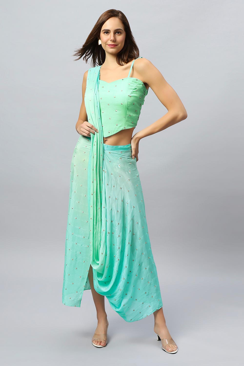 Buy Loki Mint Chinon Silk Sarong Saree with Gold Sequins Online - One Minute Saree